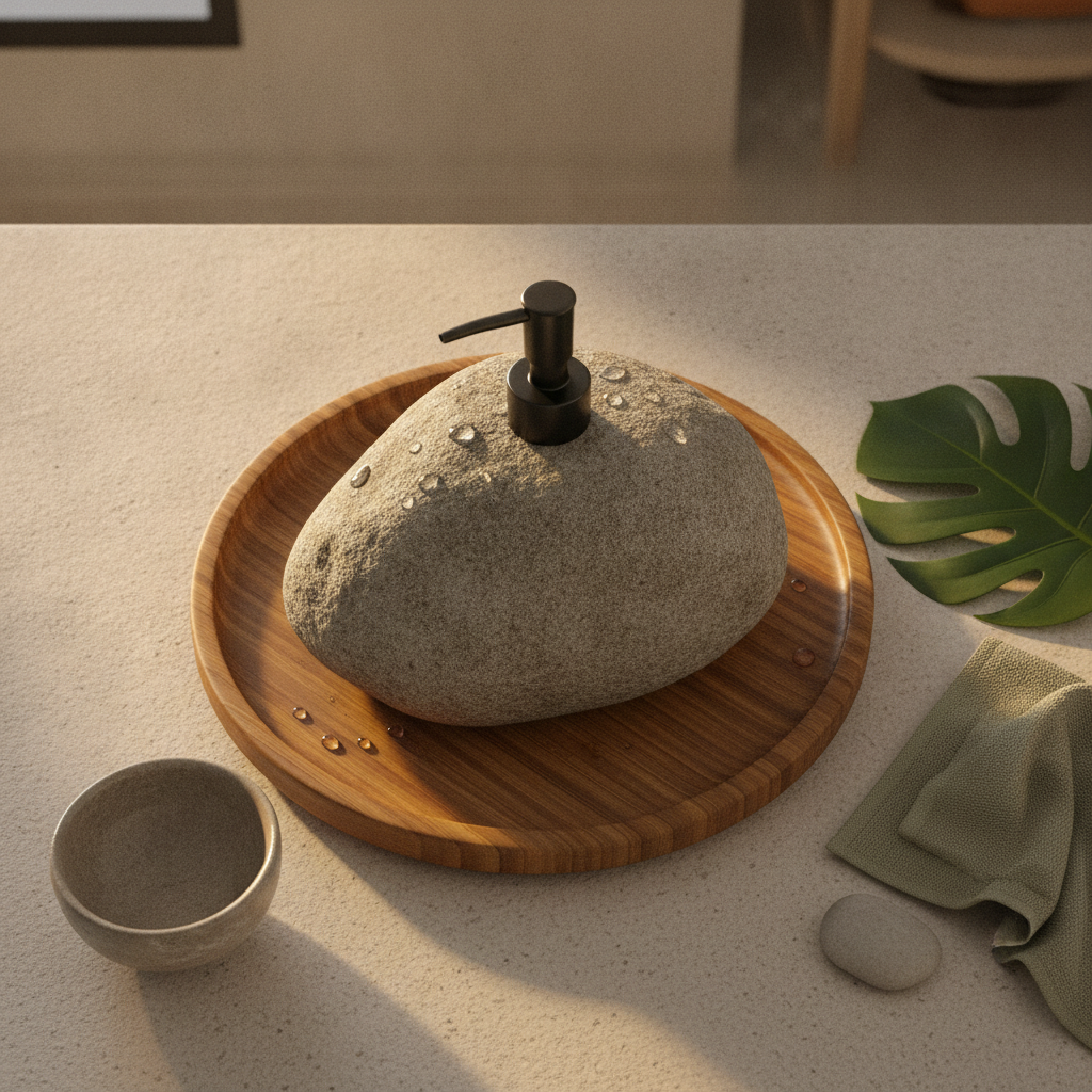 Atmosphère minimaliste avec un objet cylindrique posé sur une surface en bois clair