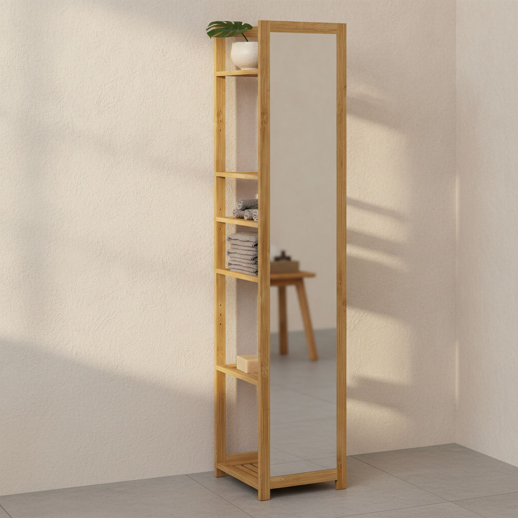 Colonne de salle de bain en bambou avec miroir 6 étagères