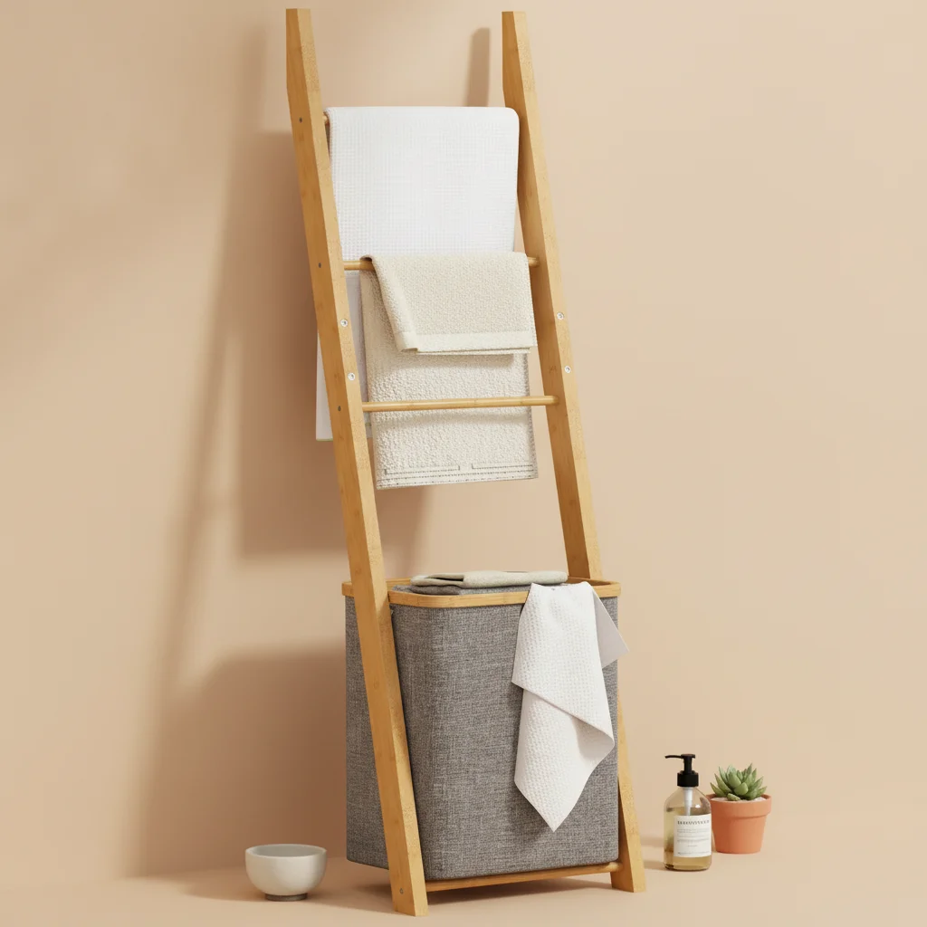 Étagère porte-serviettes en bambou avec panier 48L