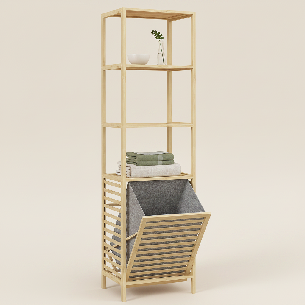 Étagère salle de bain en bambou avec panier à linge 160 cm