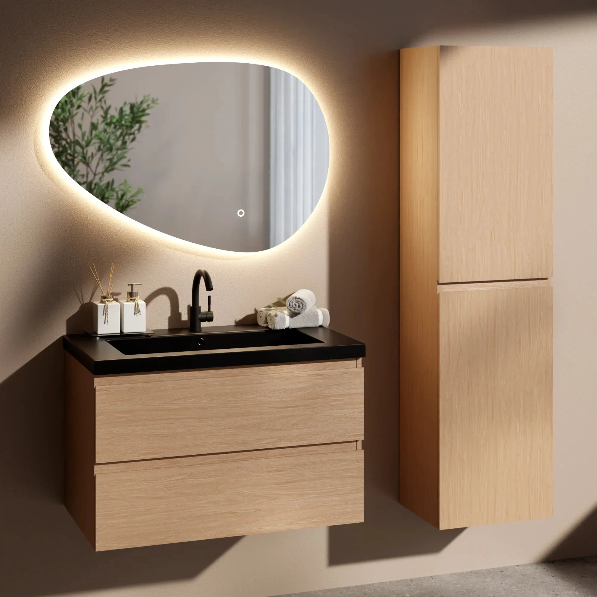 Ensemble de Meubles de salle de bain Monaco – 80 cm – Chene Clair – Lavabo Noir