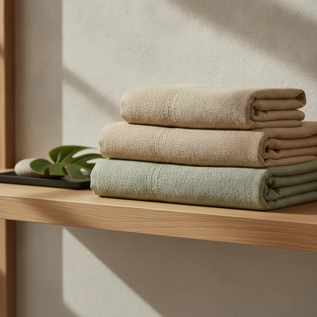 Composition apaisée de linge de bain soigneusement disposé sur un plan en bois clair