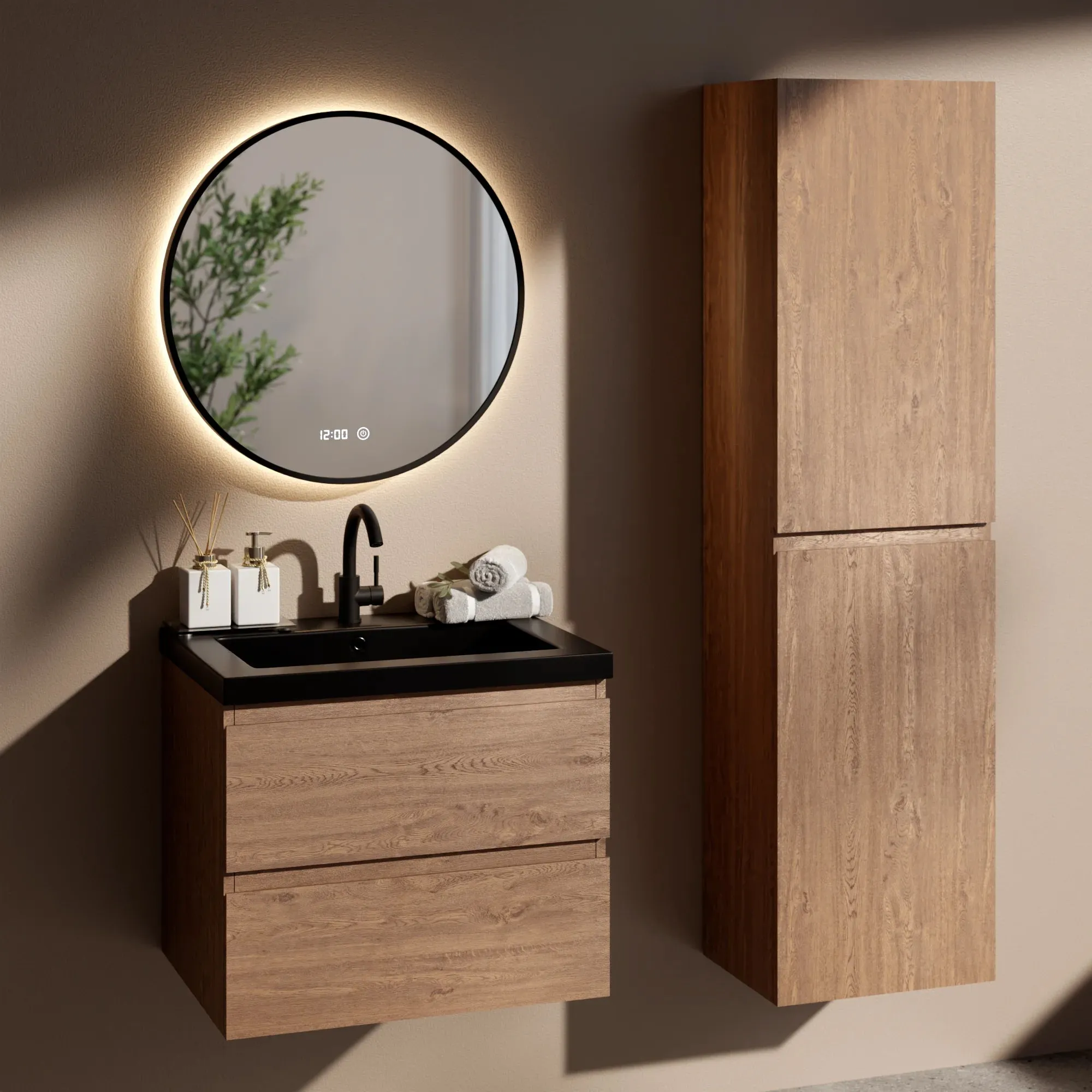Ensemble de Meubles de salle de bain Verona – 60 cm – Chene Chaud – Lavabo Noir