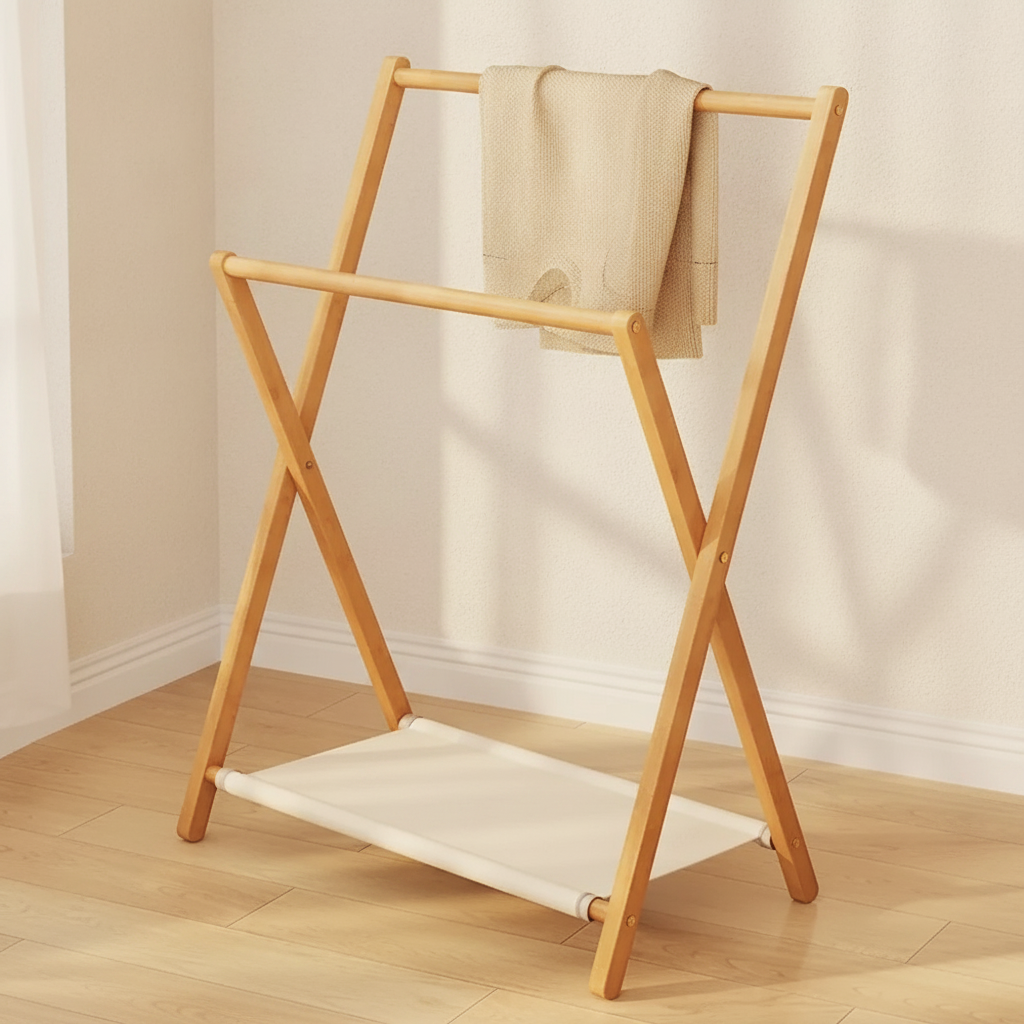 Porte-serviettes sur pied pliant en bois massif