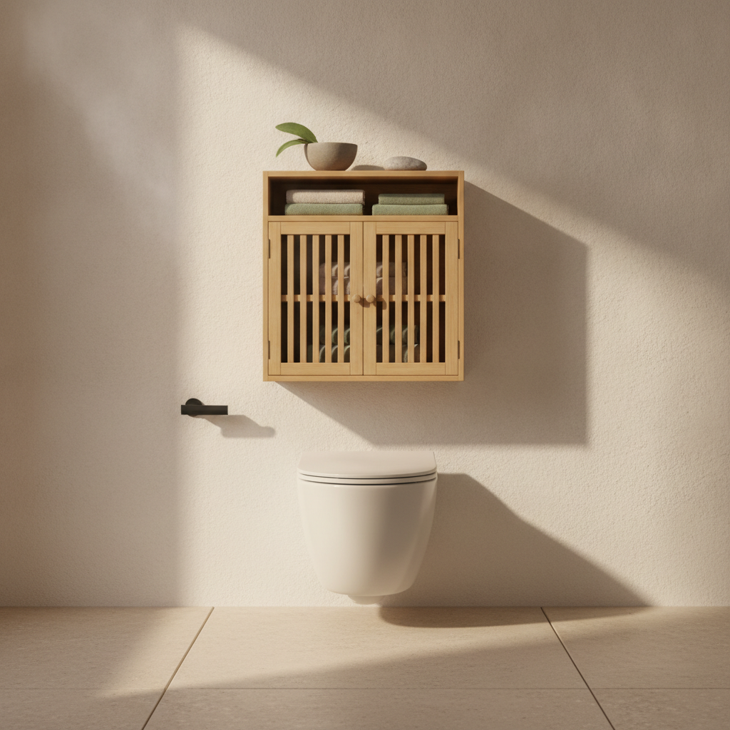 Ambiance japandi épurée pensée pour une petite salle de bain organisée