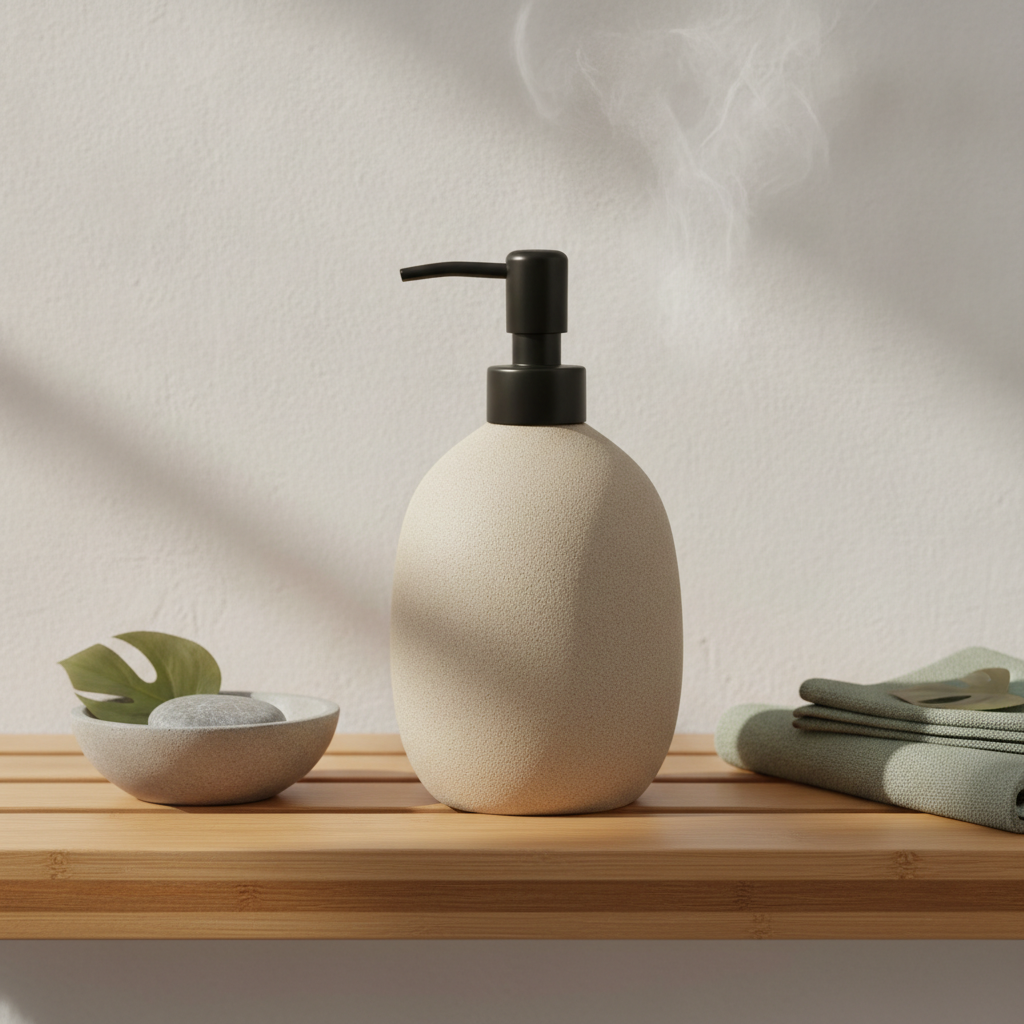 Mise en scène épurée d'objets de toilette rangés avec soin sur une étagère en bois clair