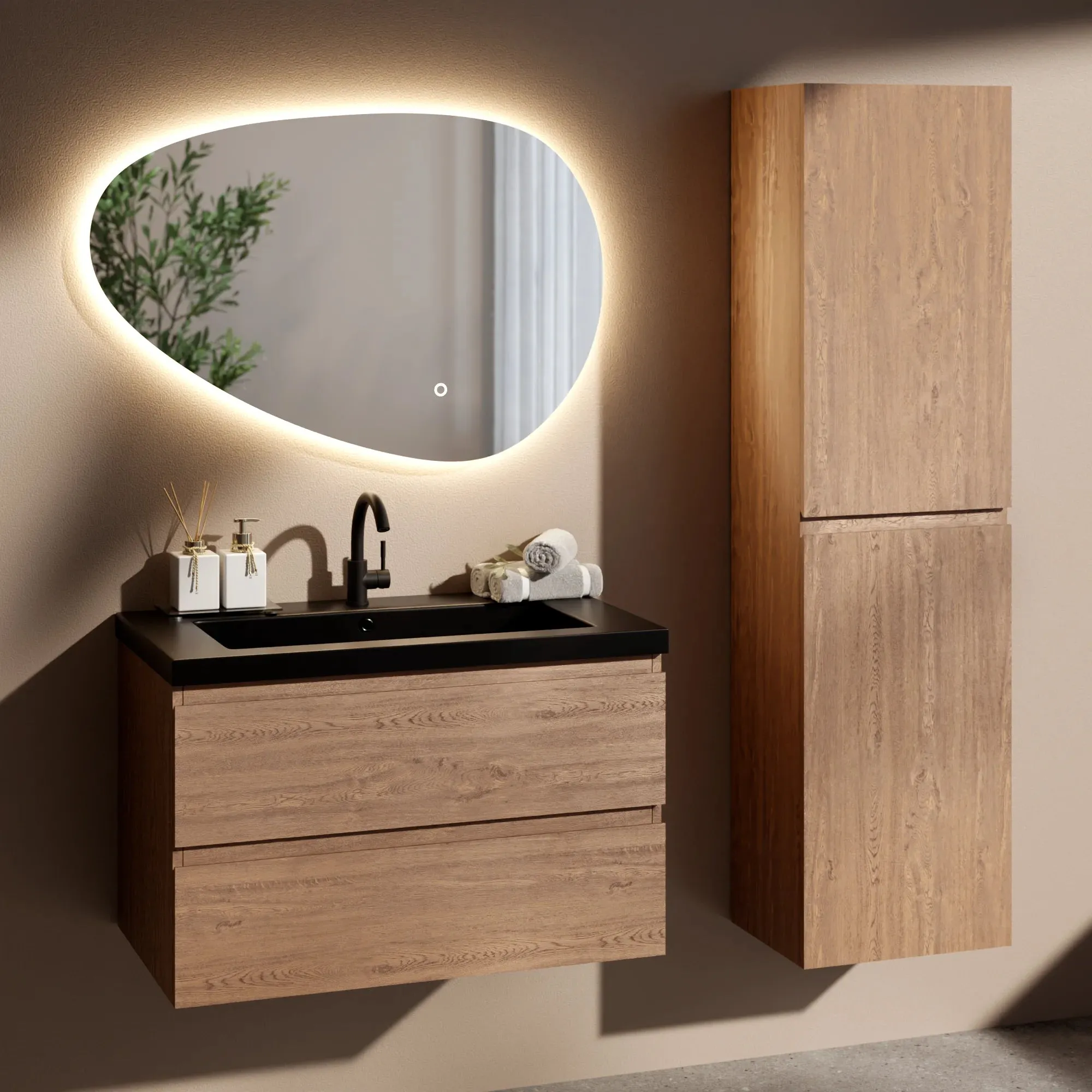 Ensemble de Meubles de salle de bain Verona – 80 cm – Chene Chaud – Lavabo Noir