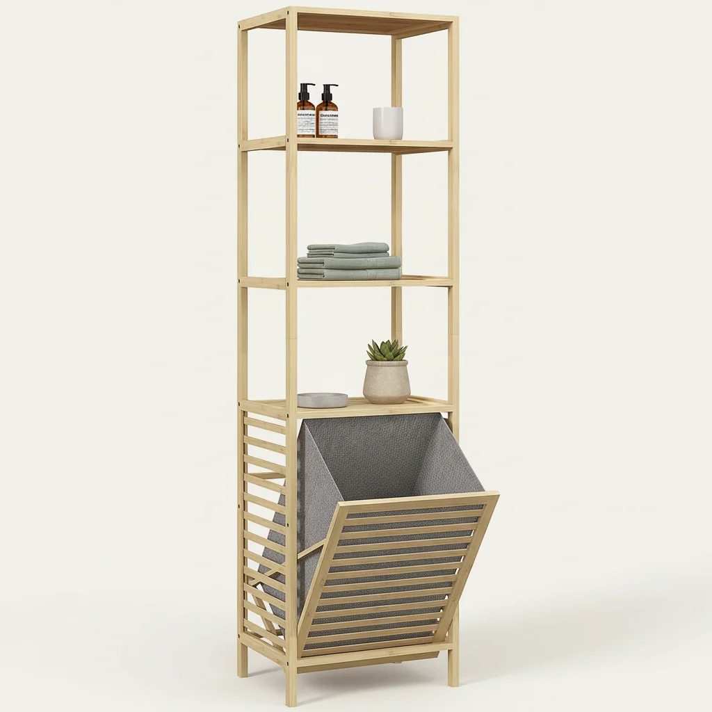 Étagère salle de bain en bambou avec panier à linge 160 cm