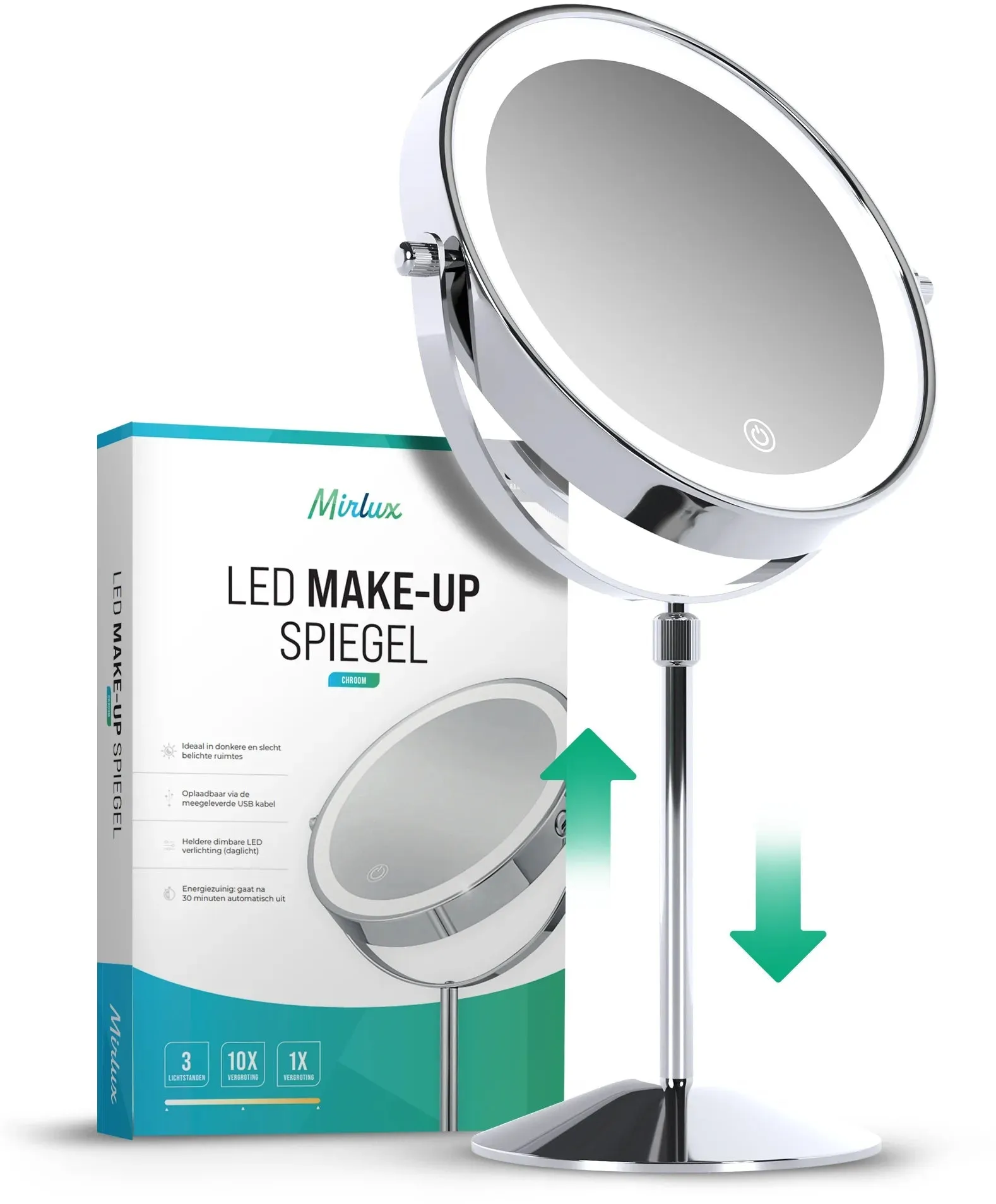 Miroir de maquillage - Hauteur réglable - Chrome - Grossissement 1-10x