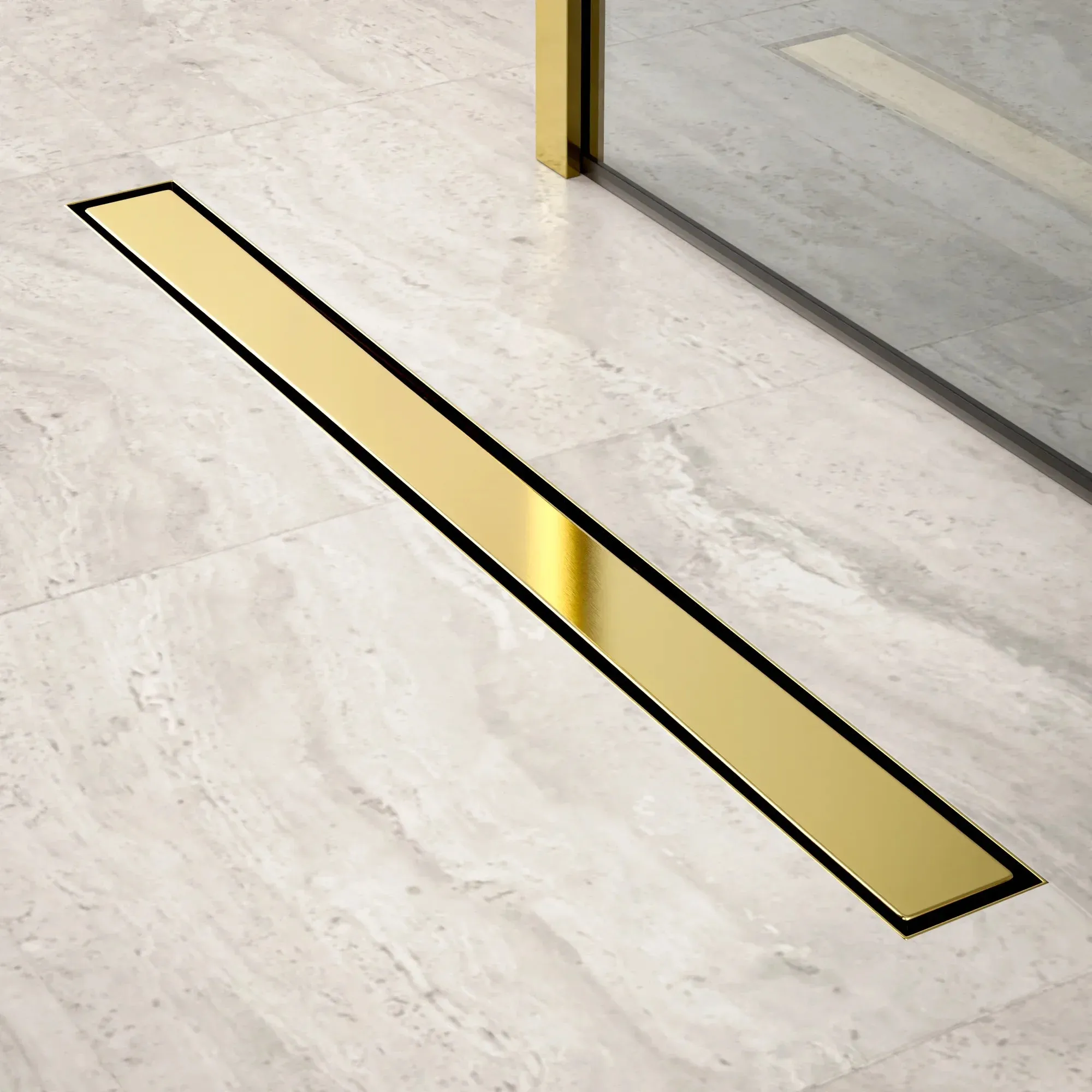 Caniveau de douche – 80 cm – Or – Grille a carreaux – Acier inoxydable – avec bride