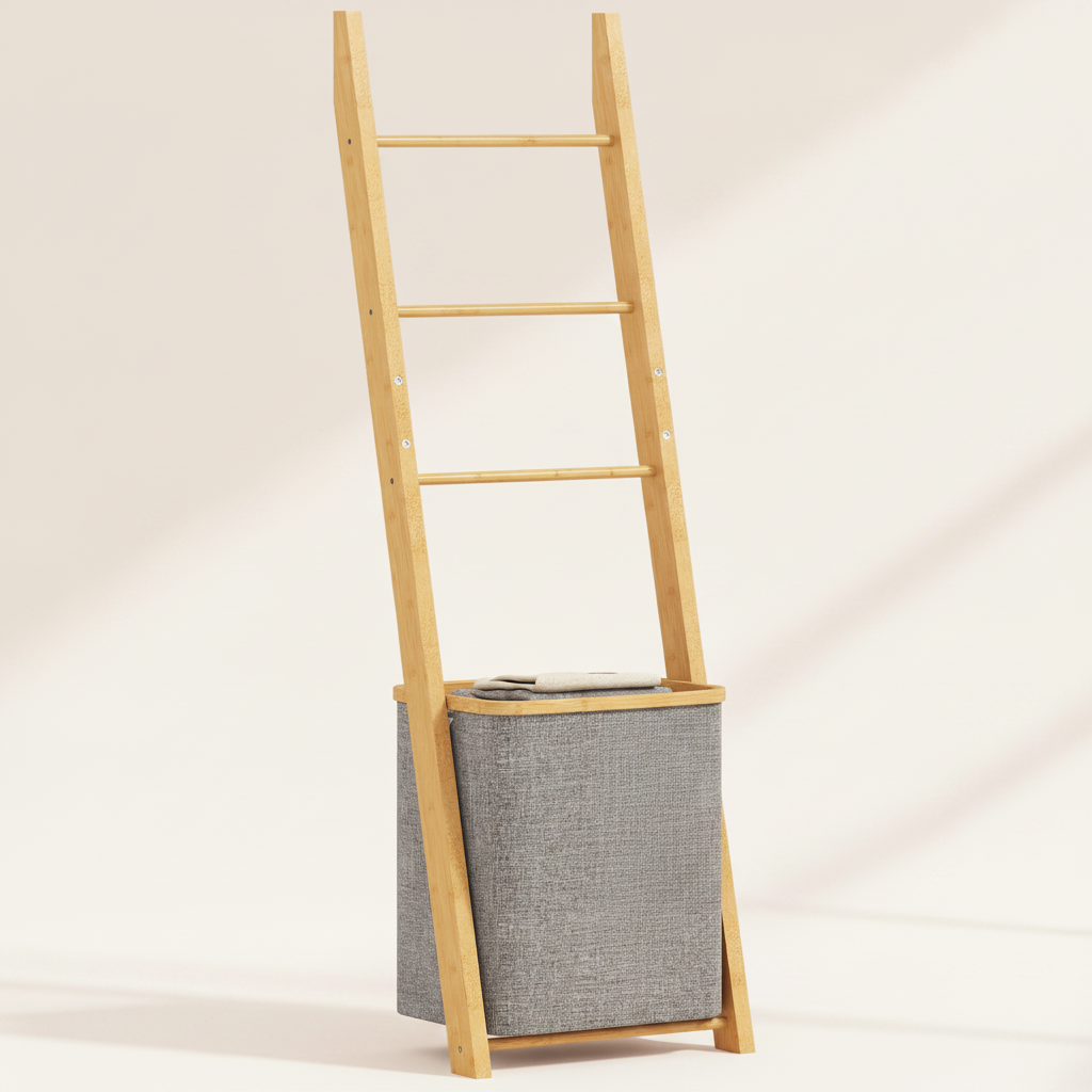 Étagère porte-serviettes en bambou avec panier 48L