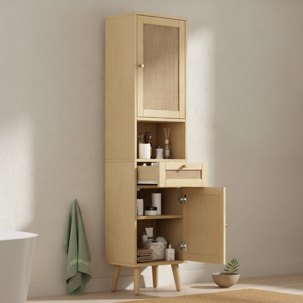 Colonne de salle de bain bois et rotin
