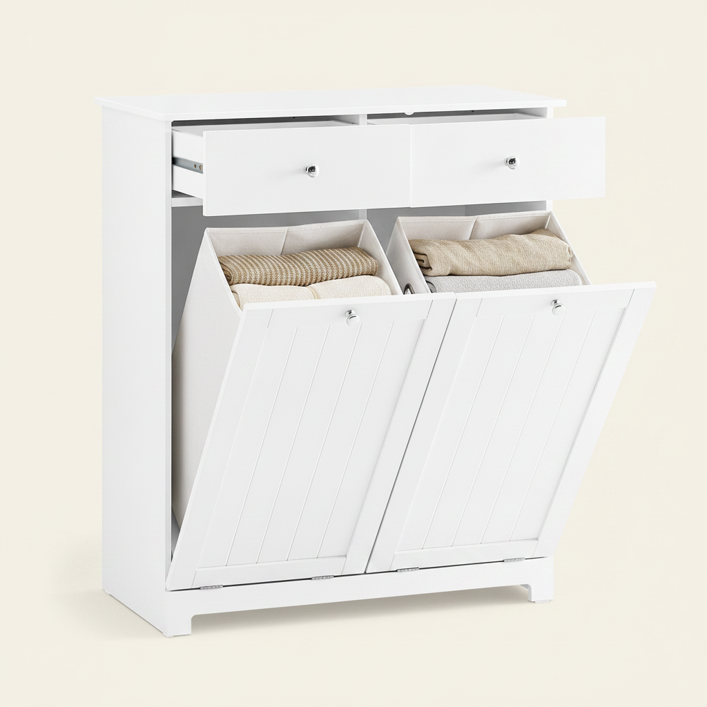 Meuble de salle de bain avec panier à linge et 2 tiroirs