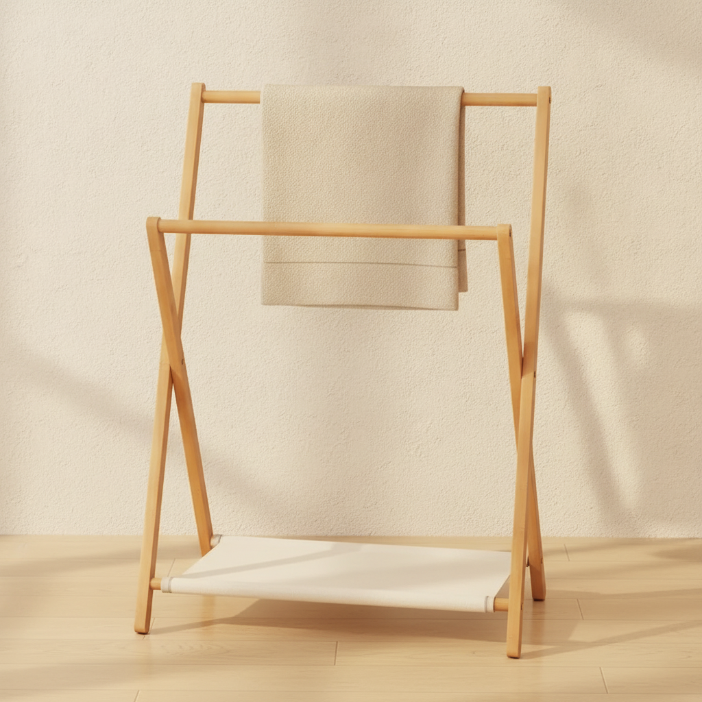 Porte-serviette sur pied pliable en bois