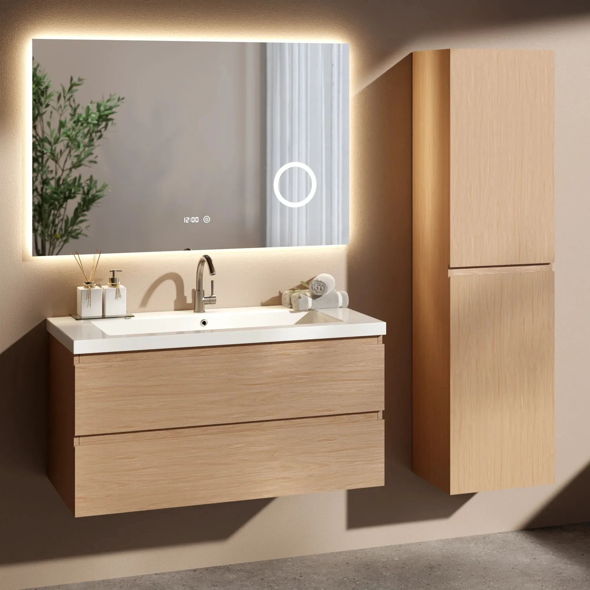 Ensemble de Meubles de salle de bain Amara – 100 cm – Chene Clair – Lavabo Blanc