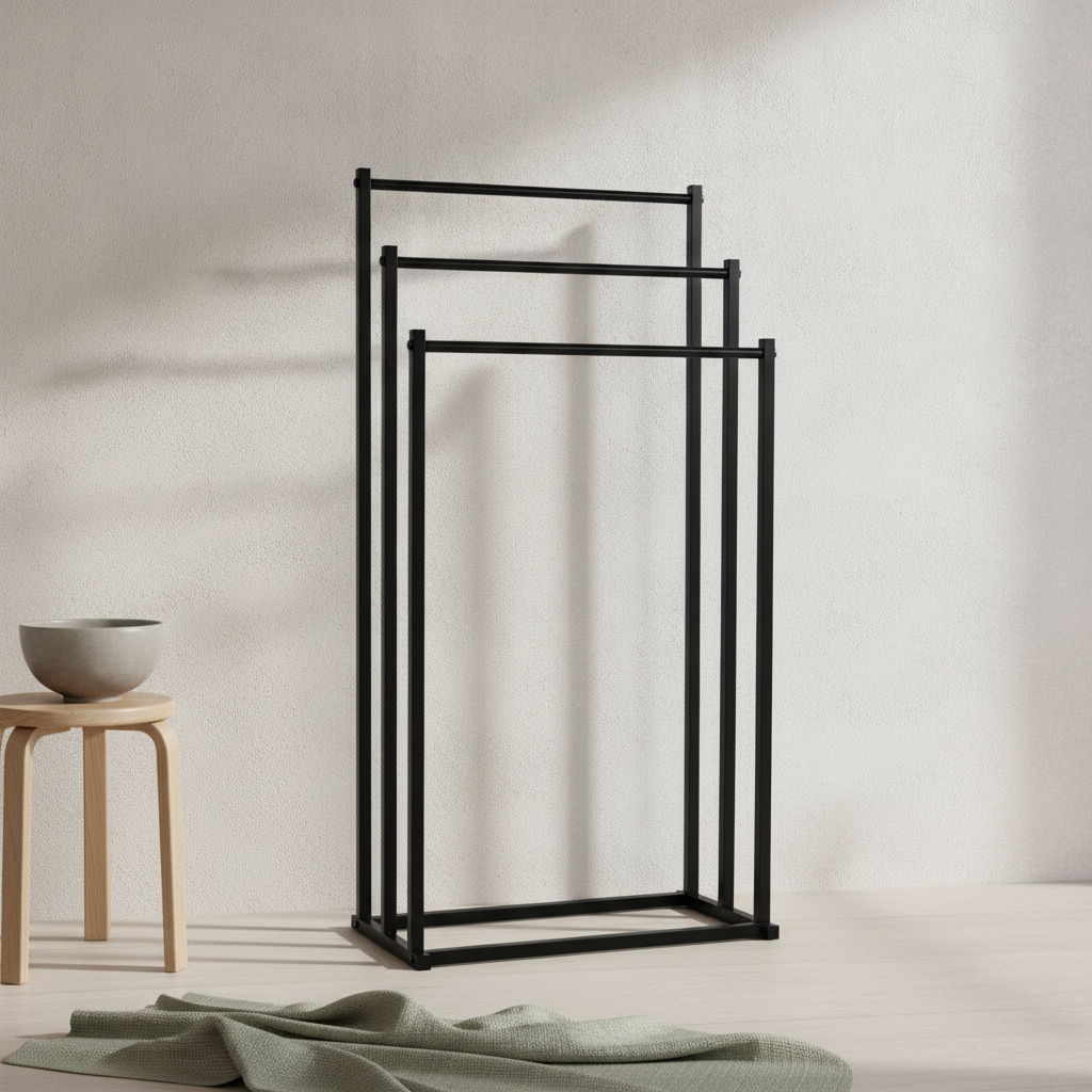 Porte-serviettes sur pied 3 niveaux noir mat