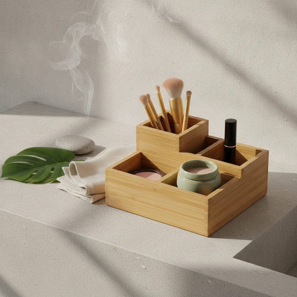 Composition minimaliste d'une petite pièce d'eau aux teintes sable et bois clair