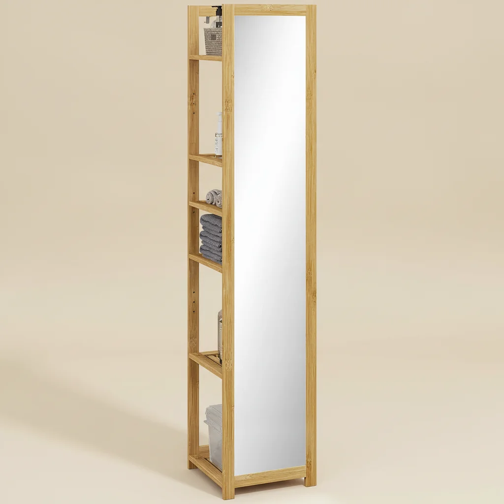 Colonne de salle de bain en bambou avec miroir 6 étagères
