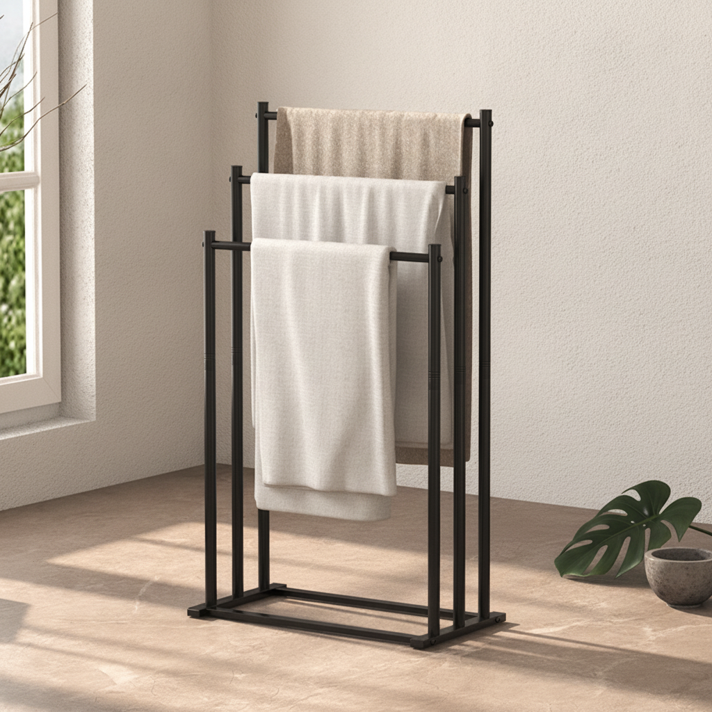 Porte-serviettes sur pied 3 niveaux en métal