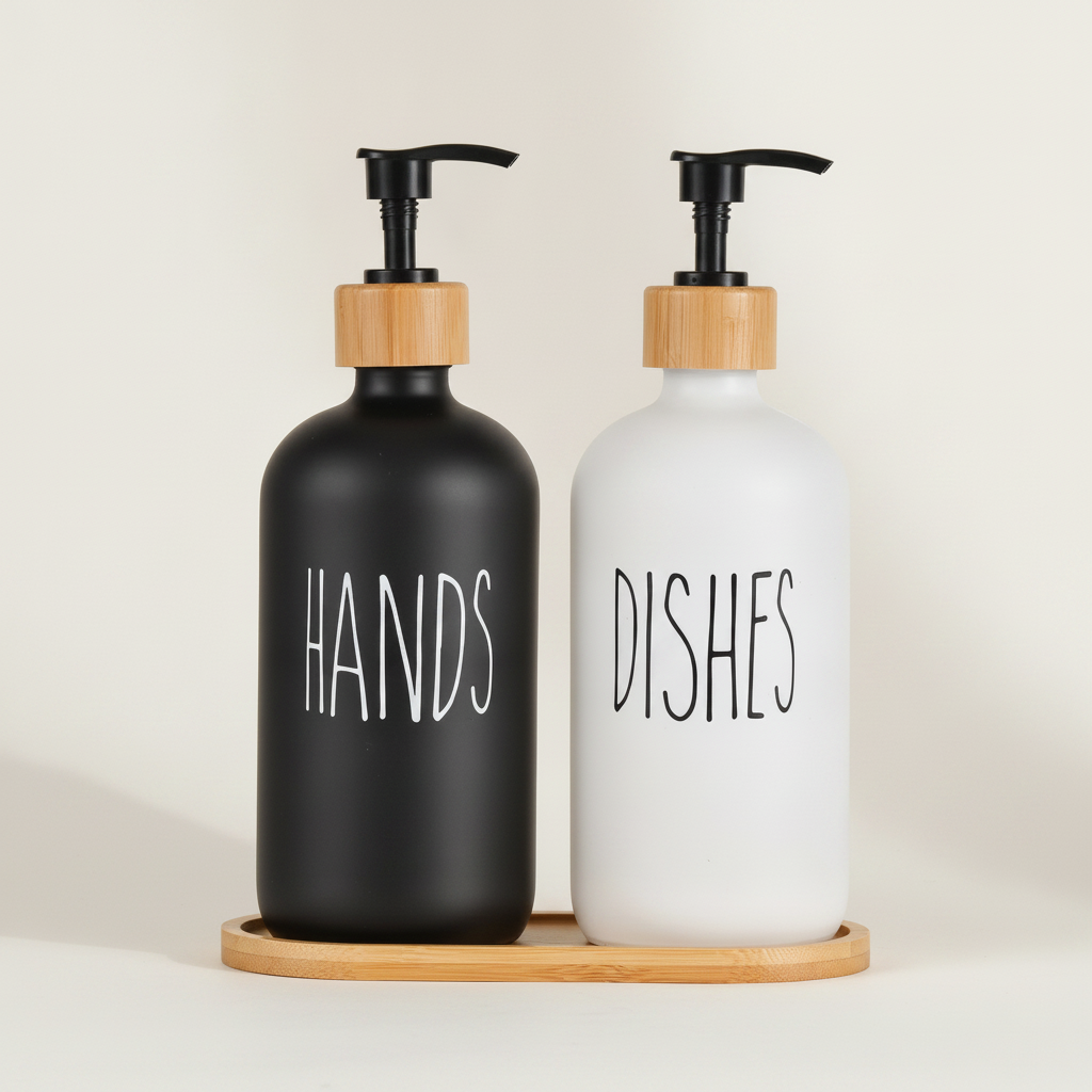 Distributeurs de savon en verre avec plateau bambou