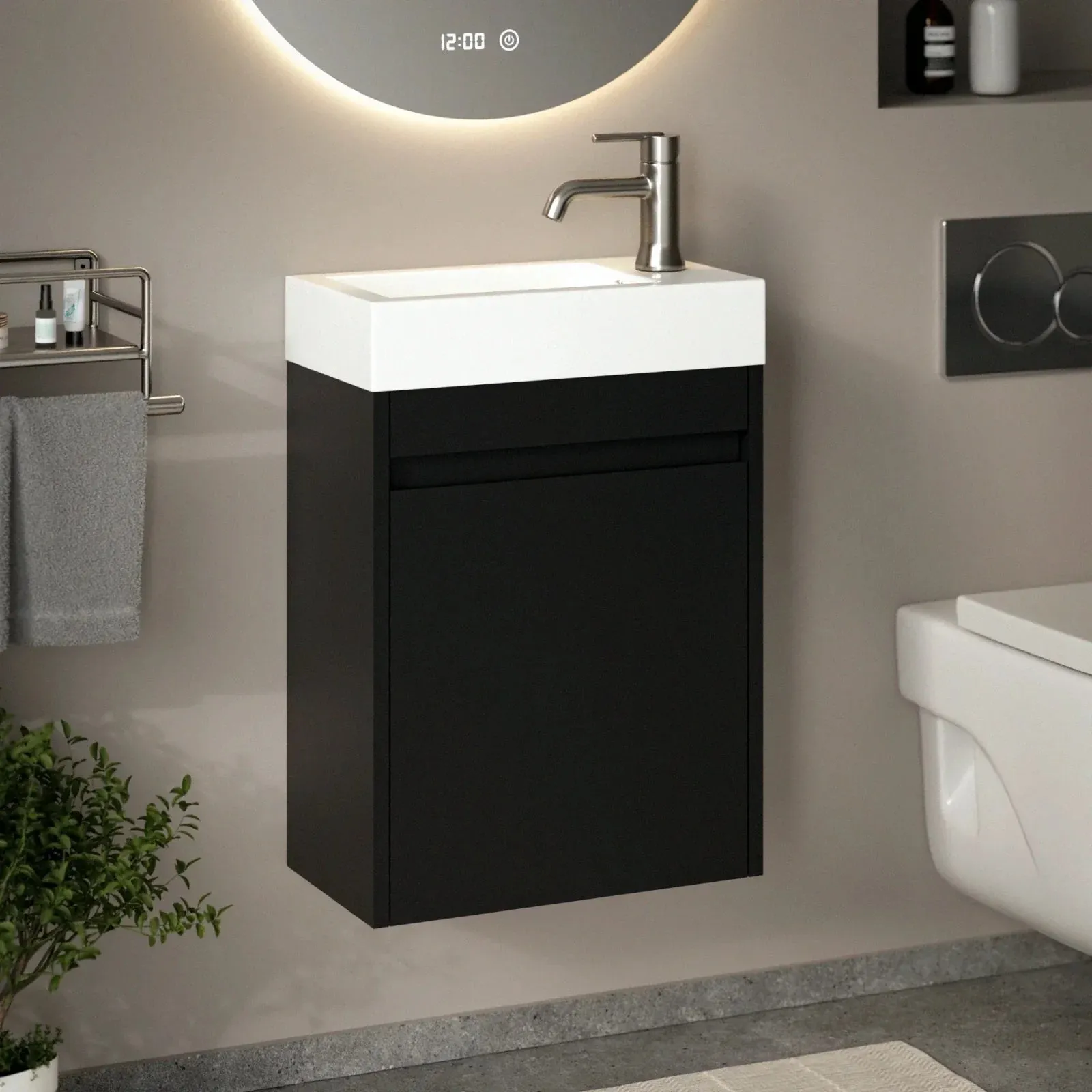 Meuble de toilette Vivo – 40 cm – Noir Mat – Lavabo Blanc